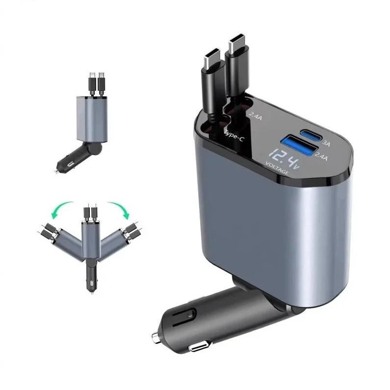 Bluejw Retractable Car Charger 4 in 1 - Fast Charging Adapter with Retractable Cable & 2 USB Ports - Automobile Chargers for All Phones - Image 1